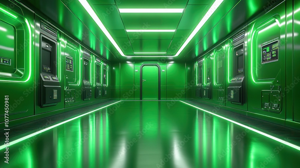 Fototapeta premium Green futuristic hallway with glowing lights and a door at the end.
