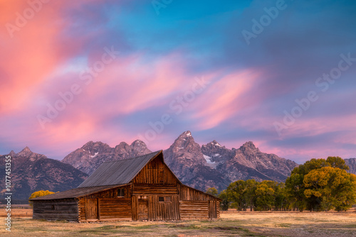 Sunrise at a barn  near Grand Teton National Park.