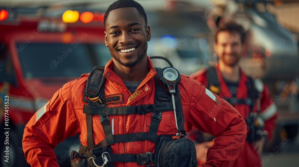 A firefighter in a red jumpsuit smiles for the camera, standing with his coworker in front of an emergency vehicle. A firefighter in a red jumpsuit smiles for the camera, standing with his coworker in front of an emergency vehicle.