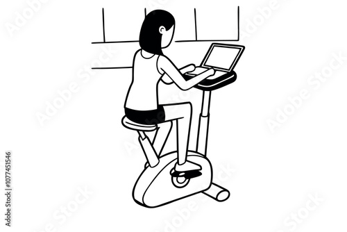 Woman is sitting on a treadmill and working on laptop. Line art illustration