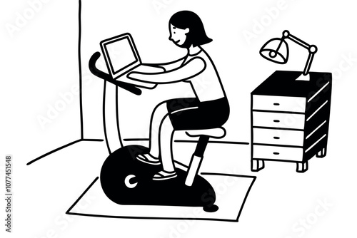 Woman is sitting on a treadmill and working on laptop. Line art illustration