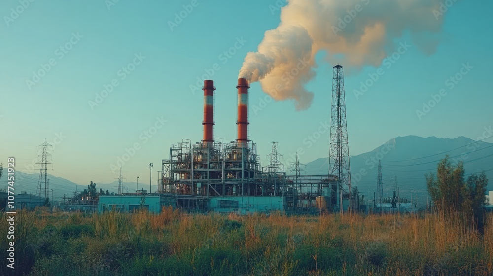 Industrial plant with tall chimneys emitting smoke against a backdrop of mountains. Industrial plant with tall chimneys emitting smoke against a backdrop of mountains.