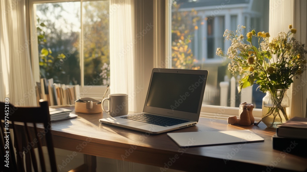 A sunlit workspace features a laptop, books, and a mug, framed by a window with views of a bright morning and vibrant flowers, evoking productivity. A sunlit workspace features a laptop, books, and a mug, framed by a window with views of a bright morning and vibrant flowers, evoking productivity.