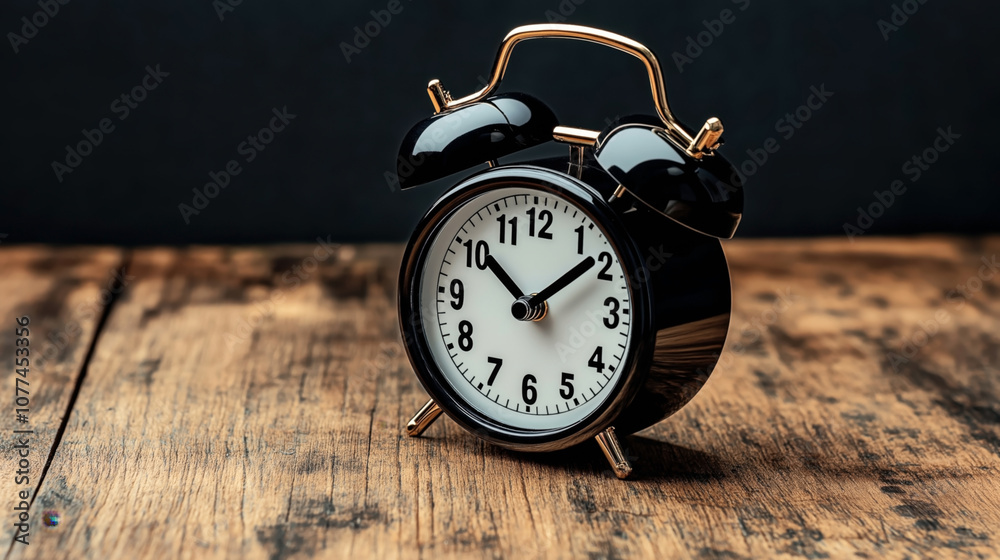 Classic black alarm clock with white face and black numbers on rustic wooden table against dark background Classic black alarm clock with white face and black numbers on rustic wooden table against dark background