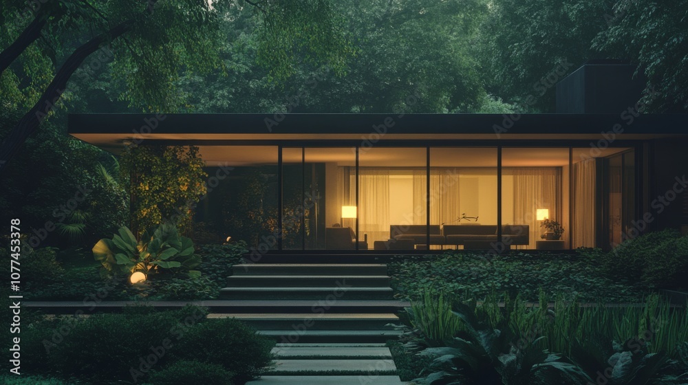 Fototapeta premium A modernist glass house glows softly amid lush green foliage, exuding tranquility and architectural harmony with nature.