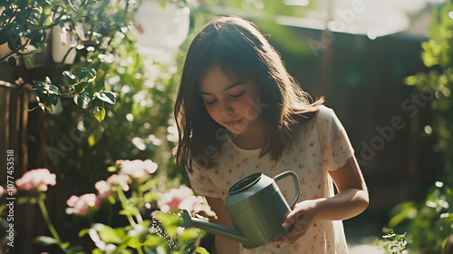 A girl watering flowers in a garden with a small watering can showing care and responsibility in a sunny setting. photo