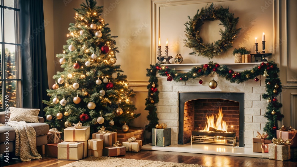 Festive Christmas interior decor with fireplace tree and gifts Festive Christmas interior decor with fireplace tree and gifts