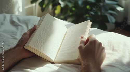 Cozy hands cradle an open book over soft bedding with dappled sunlight filtering in through leafy plants, creating a peaceful reading sanctuary.