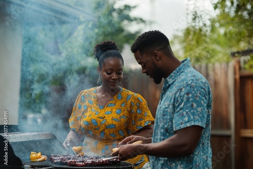 Couple enjoys backyard BBQ on a sunny day