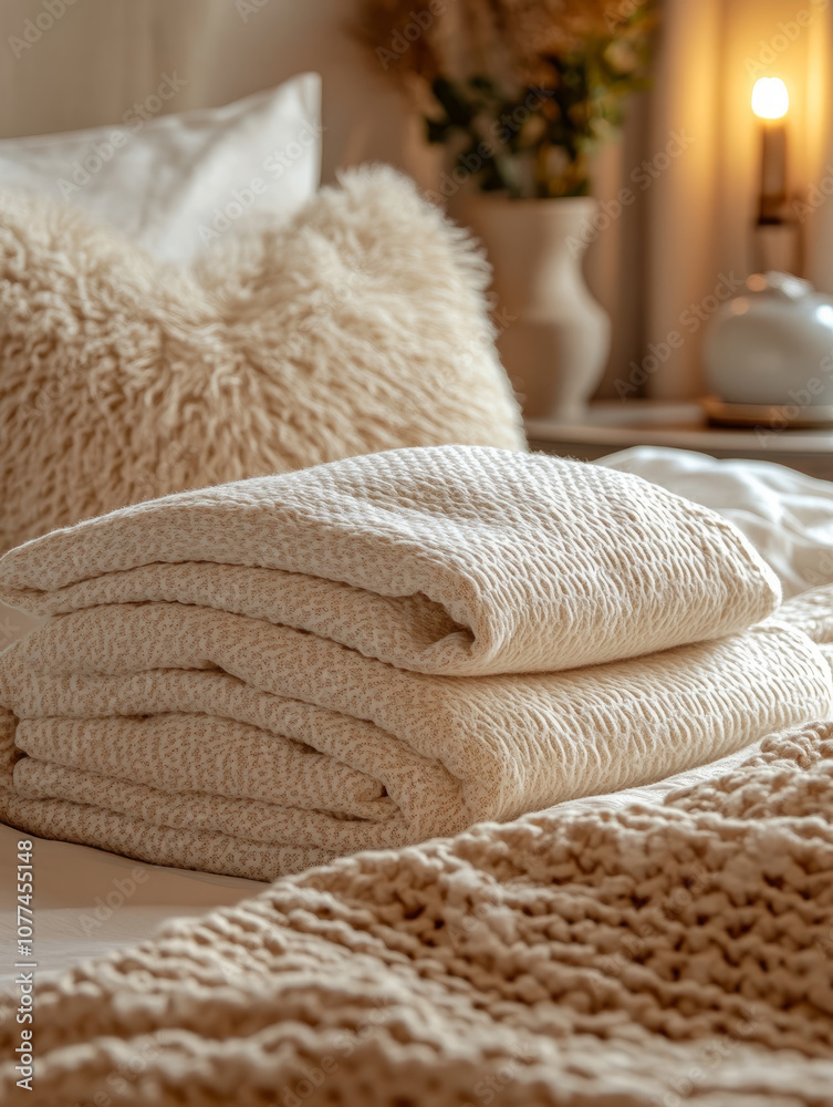 Cozy blanket on a neatly made bed in soft lighting. Cozy blanket on a neatly made bed in soft lighting.
