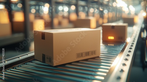 On a conveyor belt, boxes are shown on a conveyor belt, illustrating the concept of production storage and delivery