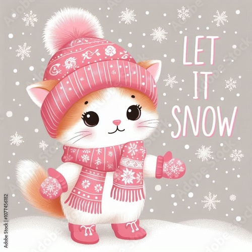 Christmas card cute kitty. Happy celebrate xmas tag. Childish holiday greeting card. Hello winter