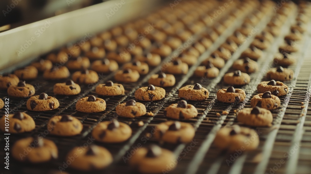 Fototapeta premium Rows of freshly baked chocolate chip cookies cool on a rack, filling the air with a warm, inviting aroma of sweetness and comfort.