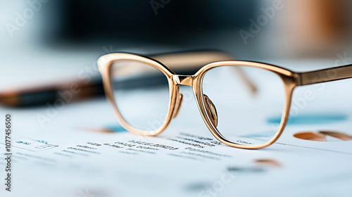 Close-up of eyeglasses placed on printed documents with financial charts and graphs, showing focus on analytical data review and business analysis concepts