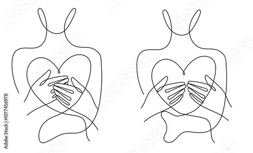 Minimalist line drawing of embracing couple forming a heart with hands