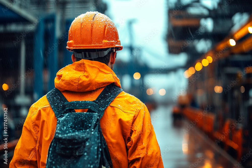 Rear View of Dock Worker in Rainy Weather Wearing Orange Safety Gear
