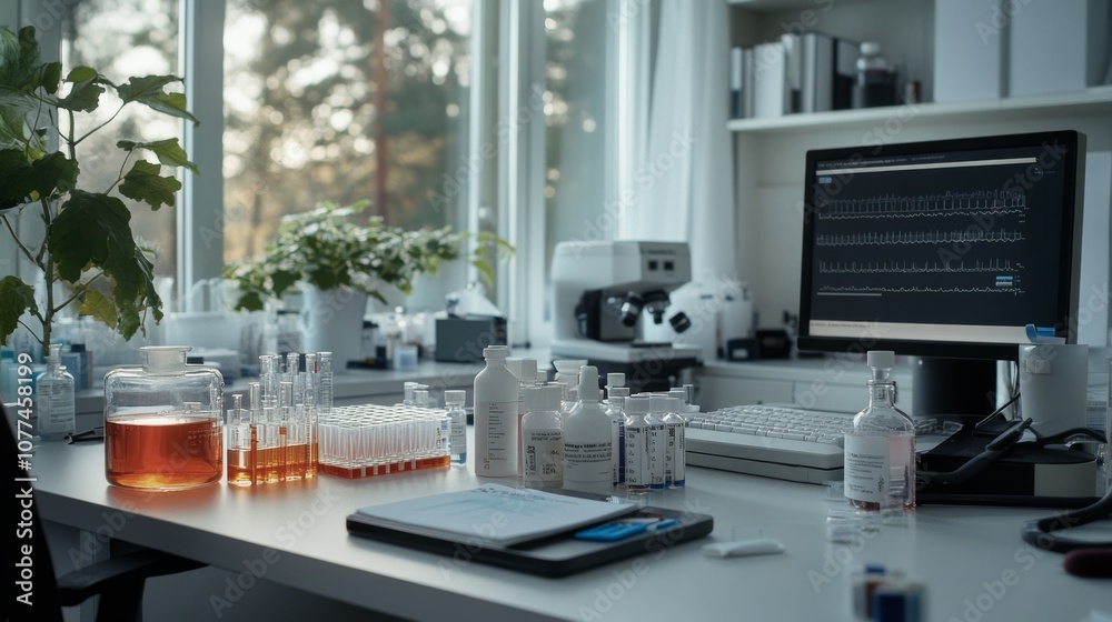 A sunlit lab with leafy plants and high-tech equipment, illustrating a blend of nature and science in harmonious coexistence. A sunlit lab with leafy plants and high-tech equipment, illustrating a blend of nature and science in harmonious coexistence.