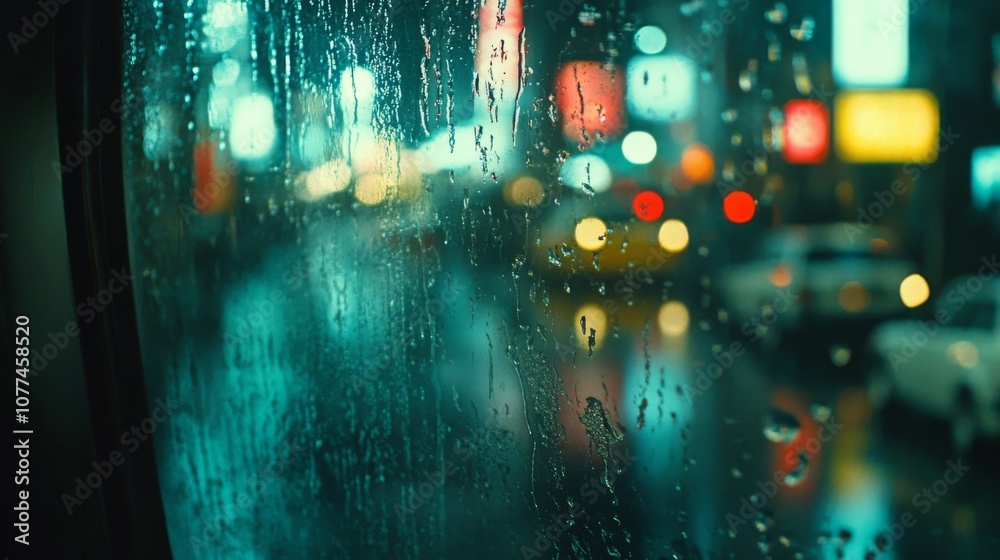 Obraz premium A rainy city scene viewed through a window, capturing vivid urban lights and a sense of bustling motion blurred by rain.