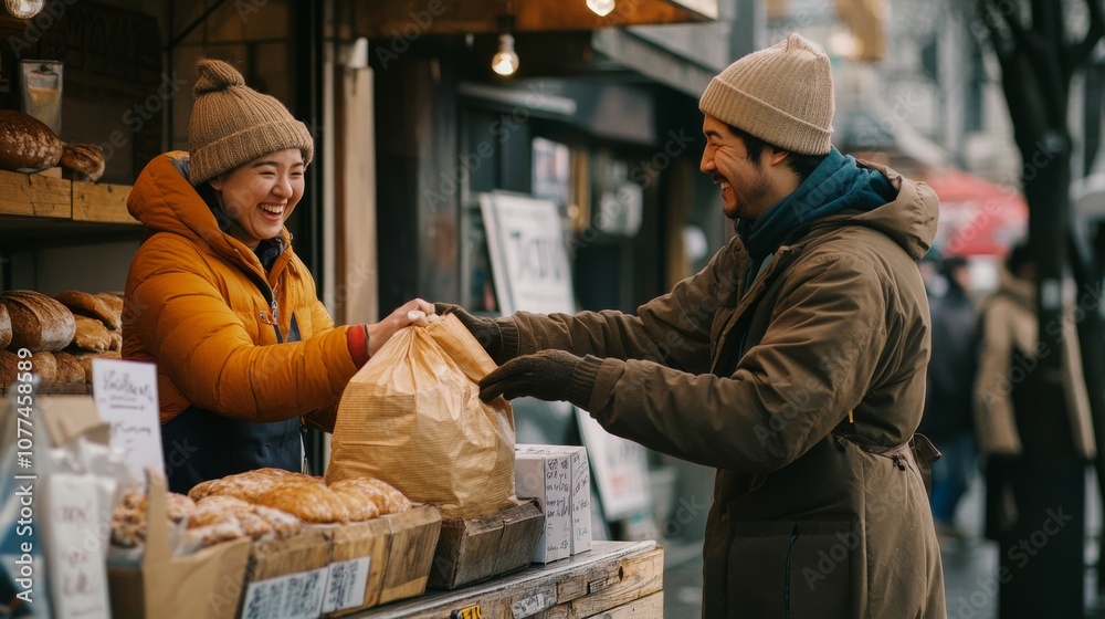 Laughter and warmth envelop a bakery stall as a vendor hands over a bag of freshly baked goods to a delighted customer. Laughter and warmth envelop a bakery stall as a vendor hands over a bag of freshly baked goods to a delighted customer.