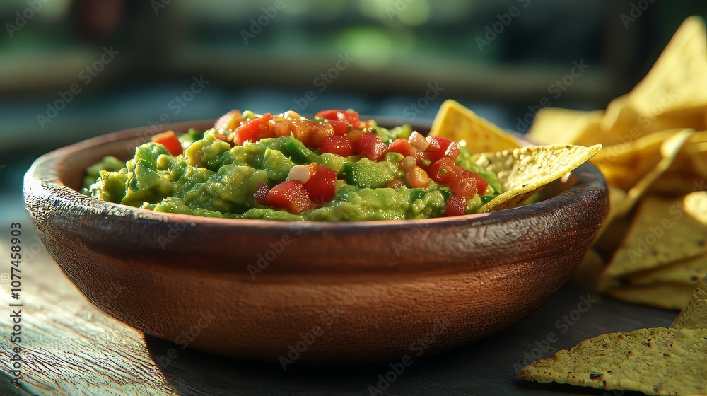 A delicious bowl of guacamole next to fresh ingredients on a table with tortilla chips and salsa. Mexican food. Ultra-realistic, hypermaximalist, photorealistic, 8k detail.