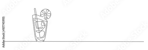 Long Island Glass of water with lemon and mint. A refreshing citrus drink. Detox. Diet food. Continuous line drawing. Vector sketch.