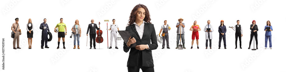 Female recruiter in front of people with different professions Female recruiter in front of people with different professions