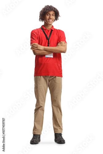 African american shop assistant in a red t-shirt