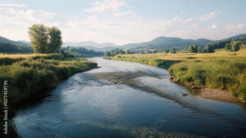 A tranquil river meanders through lush plains, under a clear sky with mountains faintly visible, encapsulating natural serenity.