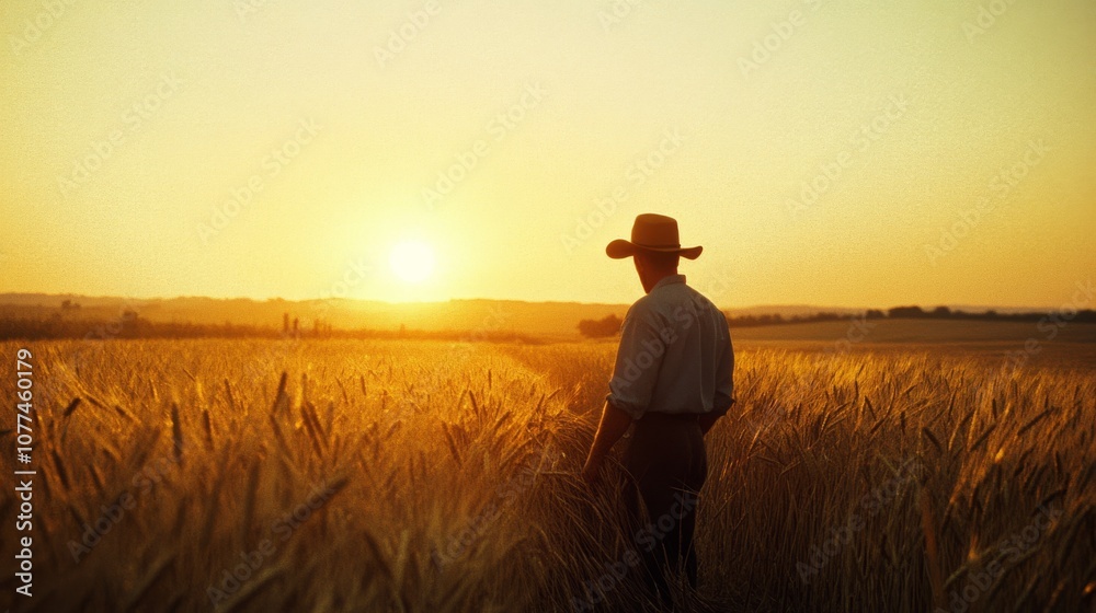 A lone farmer in a sun-drenched wheat field looks towards the horizon, embodying solitude and dedication. A lone farmer in a sun-drenched wheat field looks towards the horizon, embodying solitude and dedication.