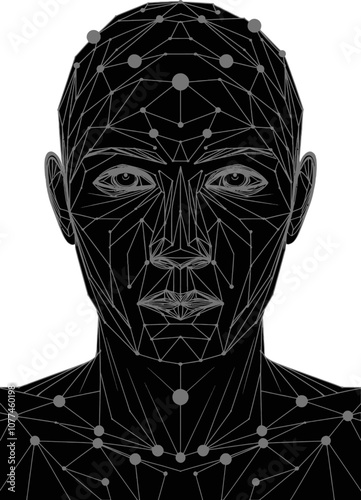 Abstract AI Human Face with Interconnected Lines and Nodes – Minimalist Black and Gray Tech Illustration