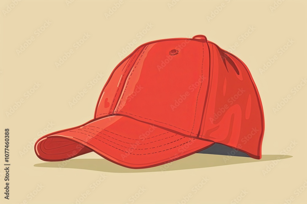 Fototapeta premium Red baseball cap with stitching details and subtle highlights on a beige background. Minimalist illustration style with soft shadow for fashion accessory concept in design and print.