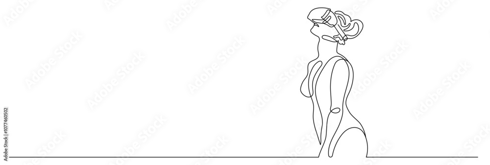 Obraz premium WebWoman wearing virtual reality glasses. Young woman is experiencing virtual reality through a VR headset.One continuous line .One continuous drawing line logo isolated minimal illustration.