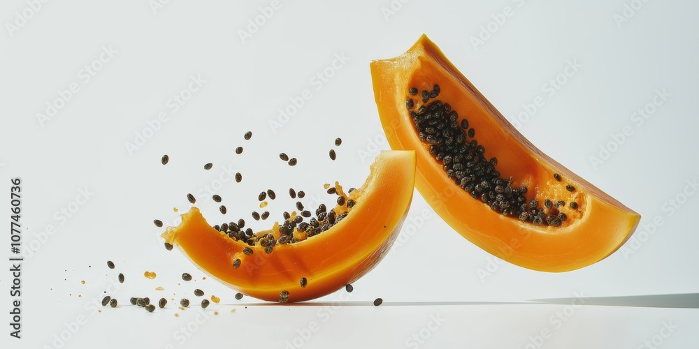 Asymmetrically placed papaya halves with seeds overflowing on a clean white background