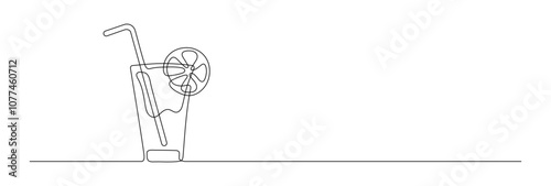 Simple line drawing of a capirinha cocktail with a straw and lemon slice