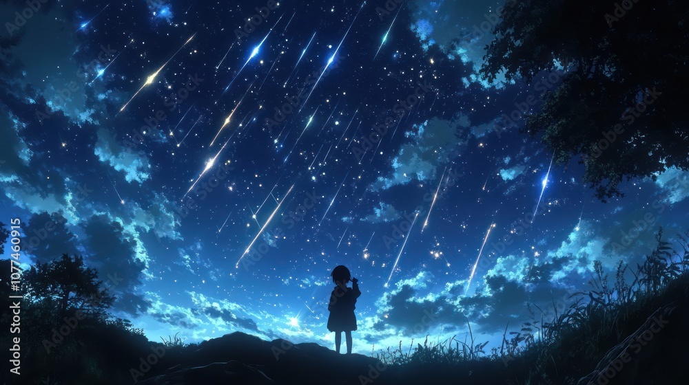 Fototapeta premium A child stands silhouetted against a night sky filled with shooting stars, looking up in wonder.