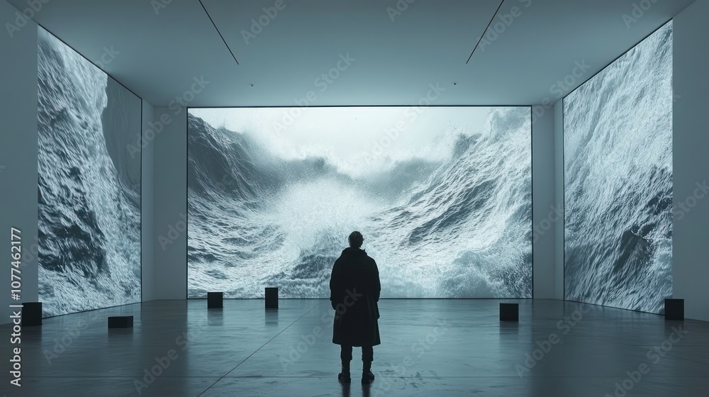 Fototapeta premium A lone figure stands in a minimalist gallery space, gazing at a large-scale projection of a stormy sea.