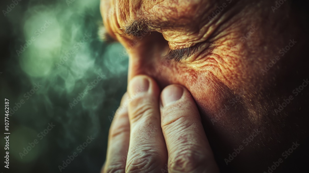 A close-up of a person with creased skin, fingers pressed against their nose, eyes closed, portraying reflection or emotional depth. A close-up of a person with creased skin, fingers pressed against their nose, eyes closed, portraying reflection or emotional depth.
