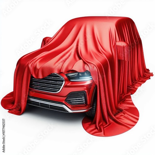 Premium red fabric draping over car isolated on white background