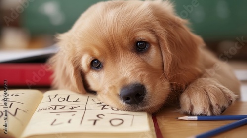 Adorable golden retriever puppy resting on an open book with pencils nearby, AI