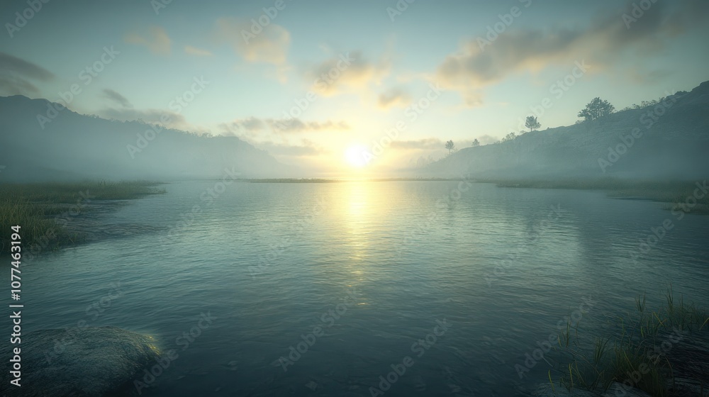 custom made wallpaper toronto digitalMisty lake at sunrise with the sun reflecting on the water and distant mountains.