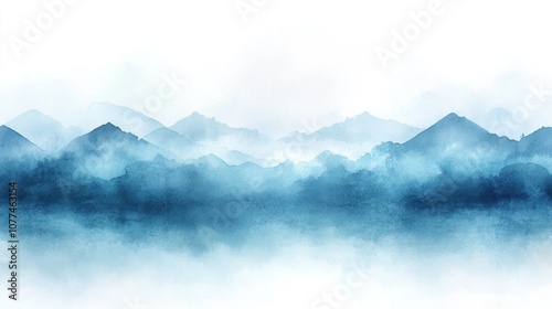 Misty blue mountains with a white background.