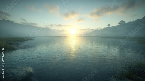 Wallpaper Mural Misty lake at sunrise with the sun reflecting on the water and distant mountains. Torontodigital.ca