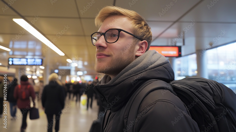 Traveler waiting for his train inside a station Traveler waiting for his train inside a station