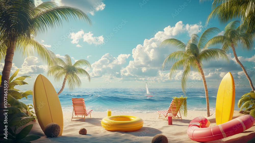 Fototapeta premium Surfboards, inflatable rings, and deckchairs resting on tropical beach await tourists