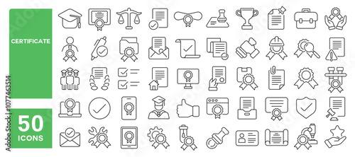 Set of 50 line icons related to certificate, document, quality, verified, legal, medal, contract, warrant, Editable stroke. Vector illustration