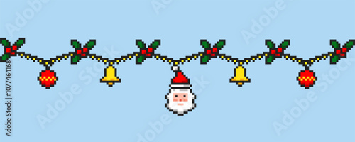 Pixel Christmas decorations, festive garland in pixel style. Pixel style holiday garland.