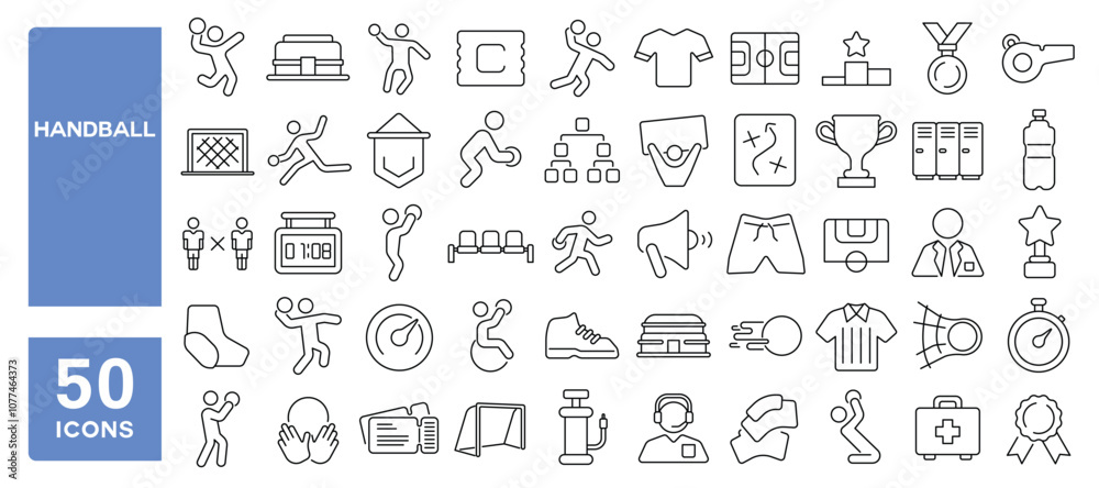 Set of 50 line icons related to handball, sport, team, match, shot, player, catching, athlete, attack, Editable stroke. Vector illustration Set of 50 line icons related to handball, sport, team, match, shot, player, catching, athlete, attack, Editable stroke. Vector illustration