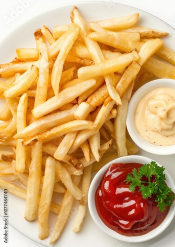 Tasty fries with ketchup and mayo dip on a plate.