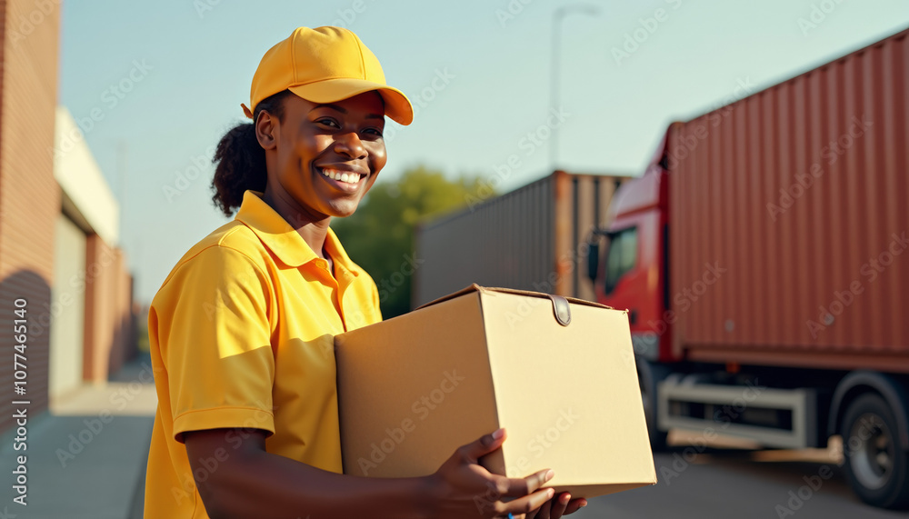 Smiling Delivery Person Holding Package Smiling Delivery Person Holding Package