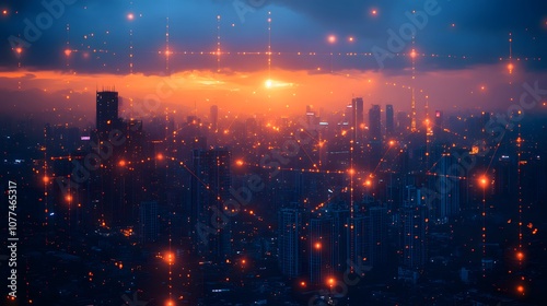 A city skyline at sunset overlaid with a digital network design.